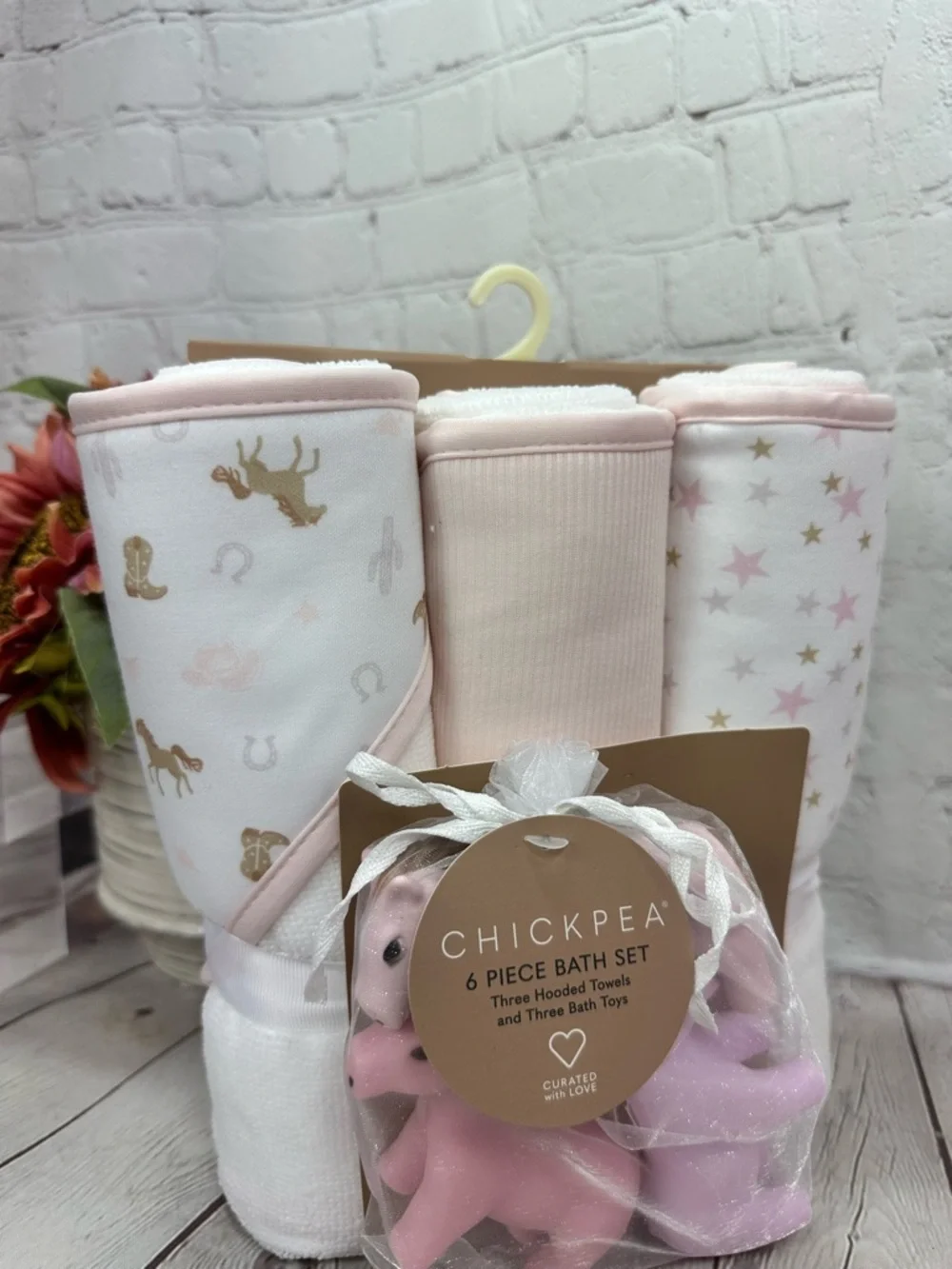 NWT chick pea 6pc Baby Bath Set hooded towels bath toys cowgirl horse western